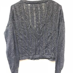 Navy blue cardigan sweater with gold stitching